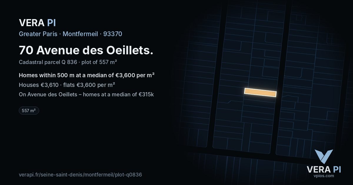 70 Avenue des Oeillets, Montfermeil at night – the plot lit, the parcels around coloured by the prices near them
