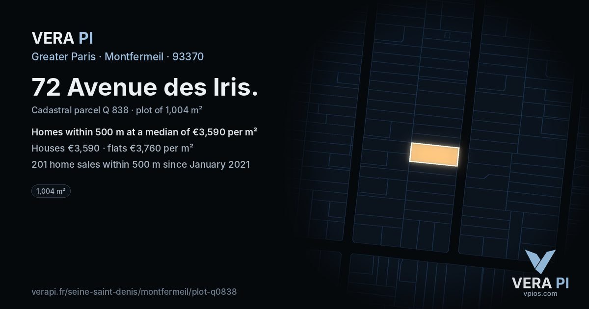 72 Avenue des Iris, Montfermeil at night – the plot lit, the parcels around coloured by the prices near them