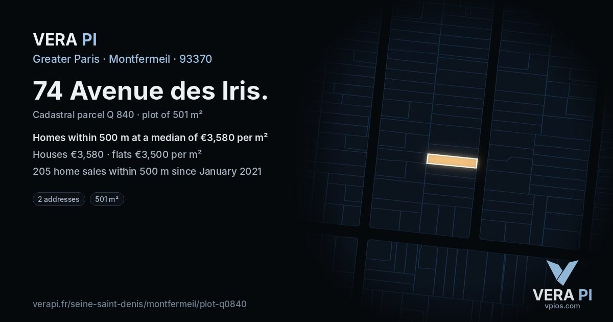74 Avenue des Iris, Montfermeil at night – the plot lit, the parcels around coloured by the prices near them