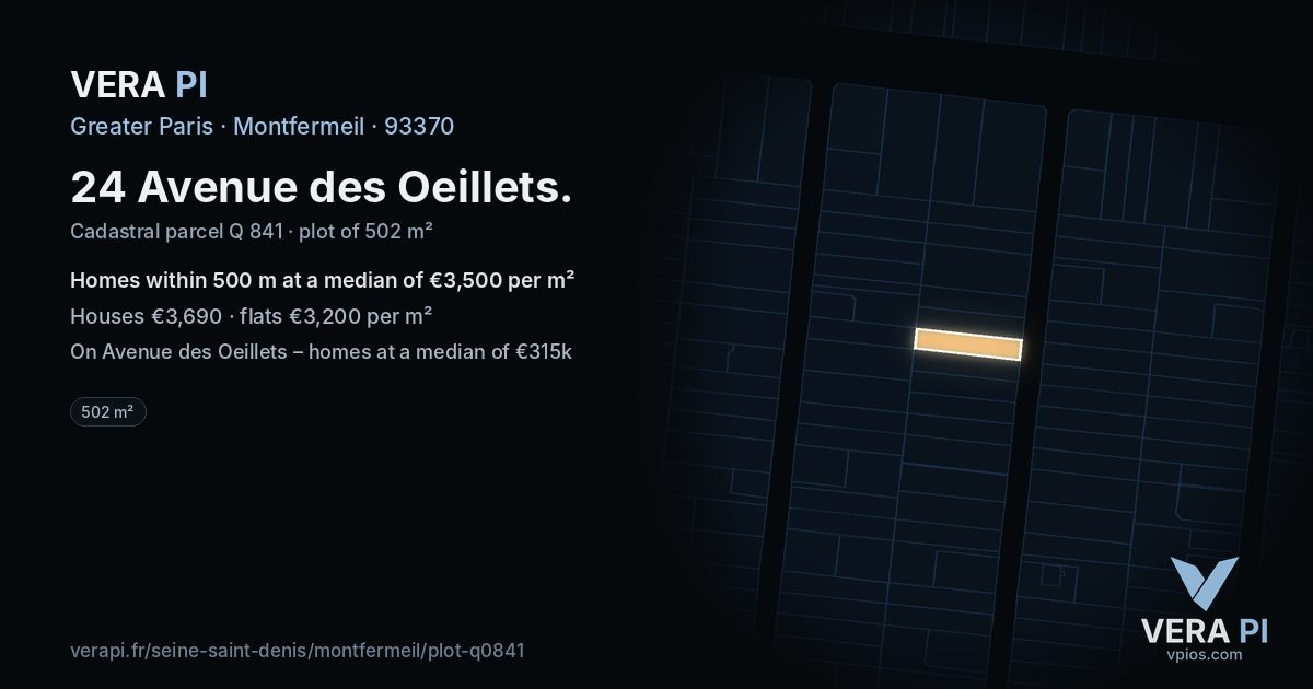 24 Avenue des Oeillets, Montfermeil at night – the plot lit, the parcels around coloured by the prices near them