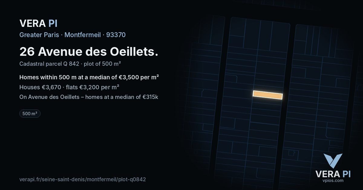 26 Avenue des Oeillets, Montfermeil at night – the plot lit, the parcels around coloured by the prices near them