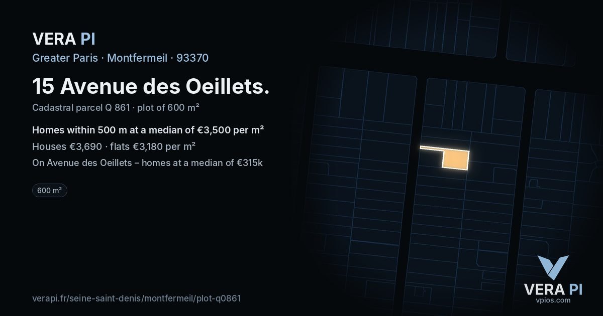 15 Avenue des Oeillets, Montfermeil at night – the plot lit, the parcels around coloured by the prices near them