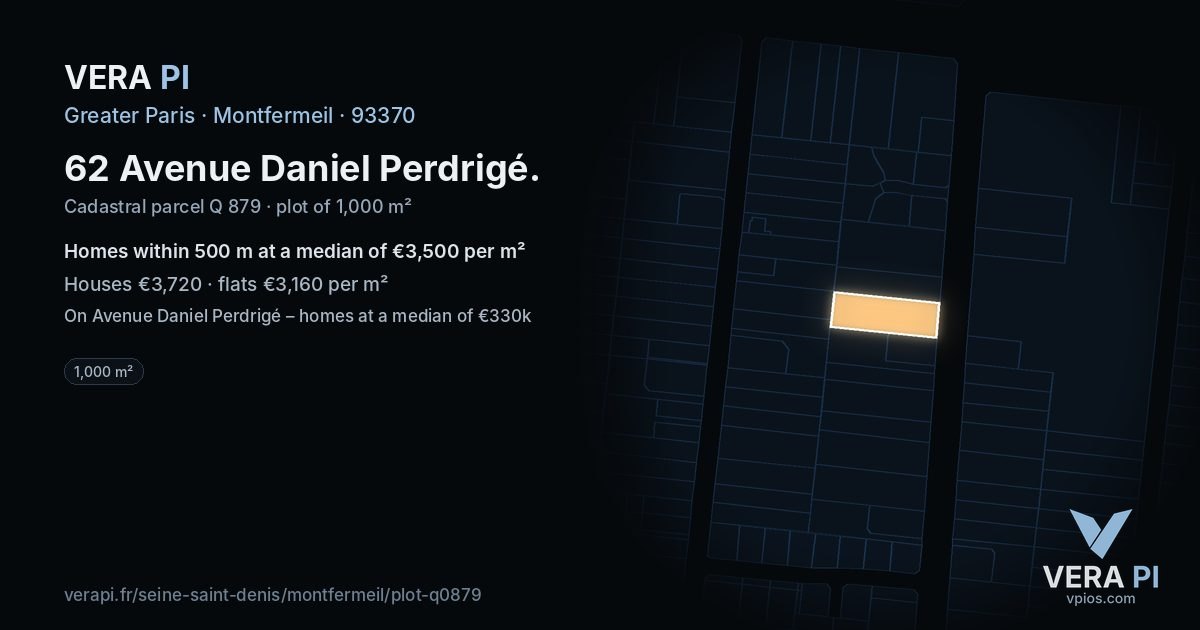 62 Avenue Daniel Perdrigé, Montfermeil at night – the plot lit, the parcels around coloured by the prices near them