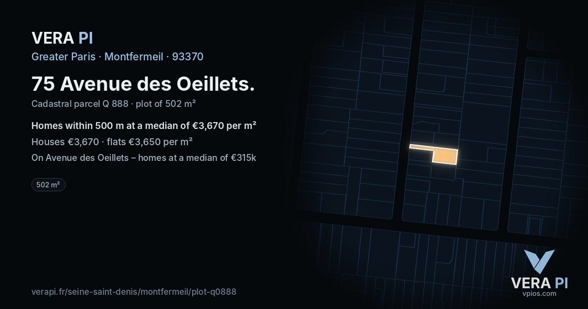 75 Avenue des Oeillets, Montfermeil at night – the plot lit, the parcels around coloured by the prices near them