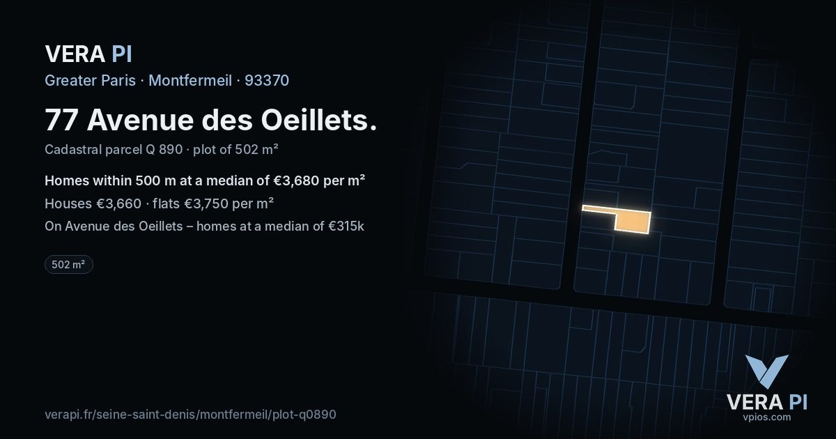 77 Avenue des Oeillets, Montfermeil at night – the plot lit, the parcels around coloured by the prices near them