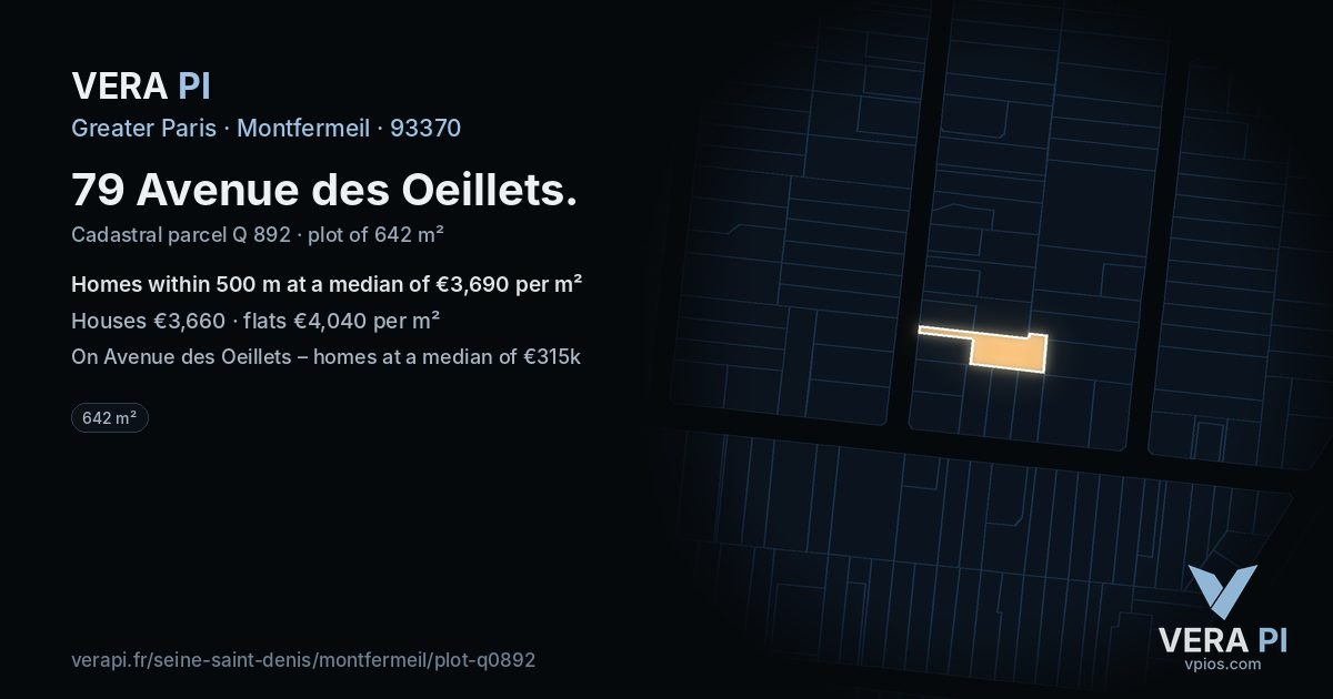 79 Avenue des Oeillets, Montfermeil at night – the plot lit, the parcels around coloured by the prices near them