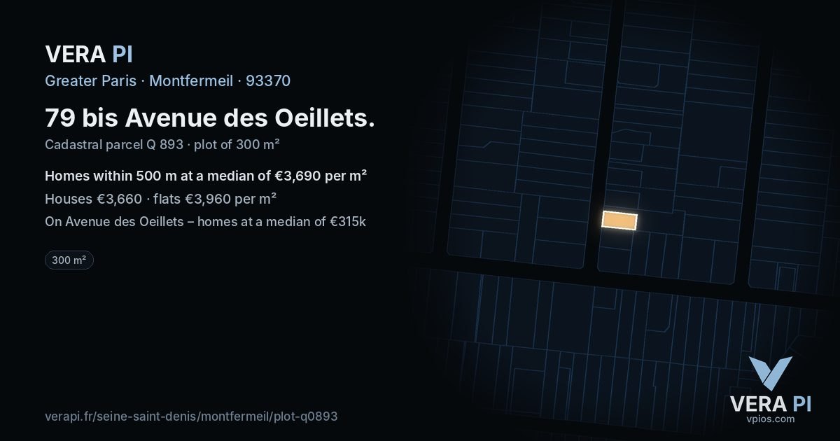 79 bis Avenue des Oeillets, Montfermeil at night – the plot lit, the parcels around coloured by the prices near them