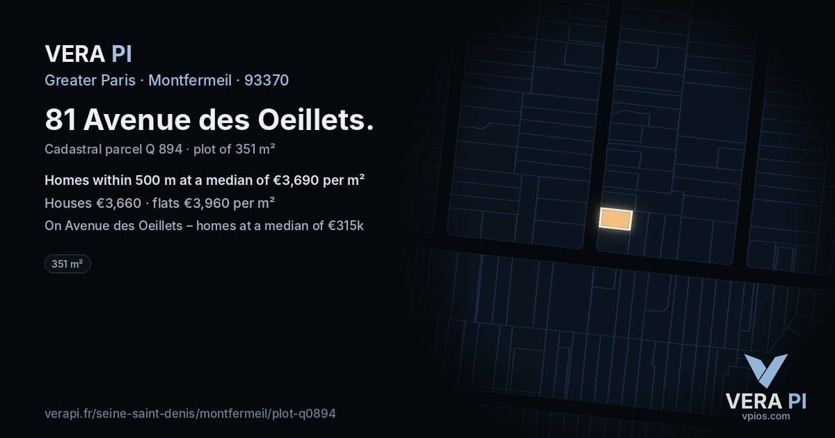 81 Avenue des Oeillets, Montfermeil at night – the plot lit, the parcels around coloured by the prices near them