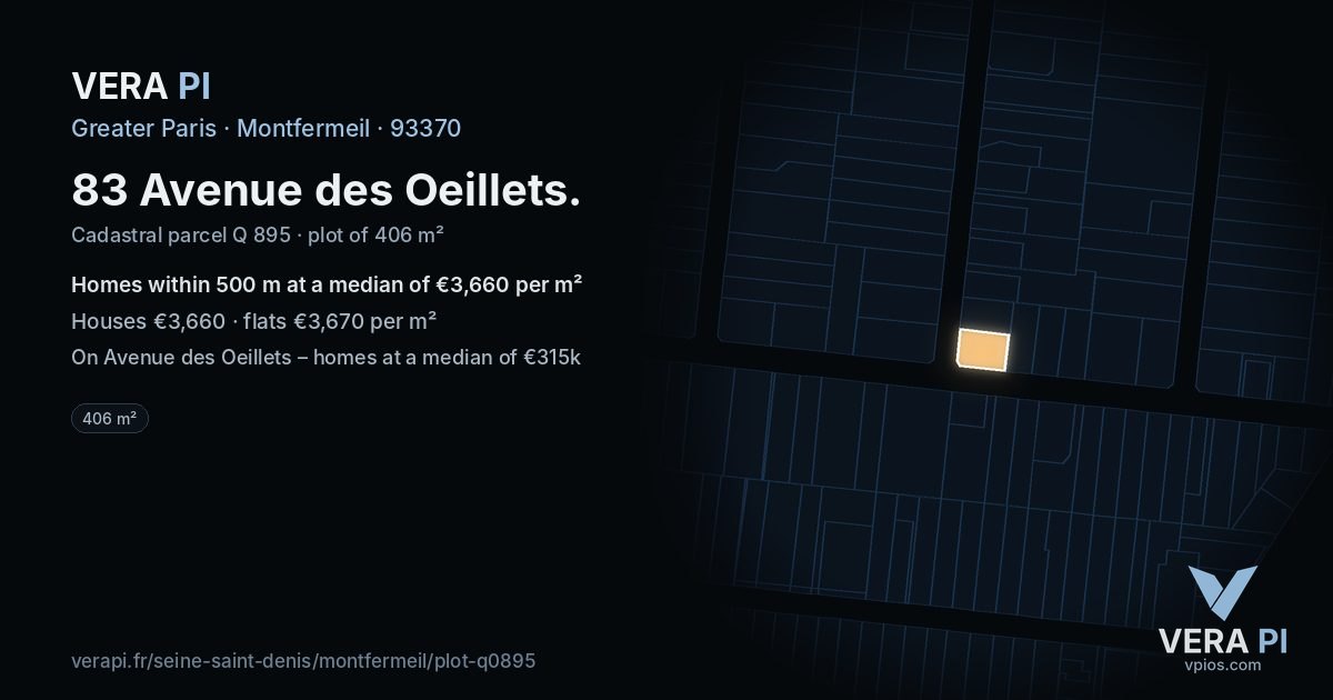 83 Avenue des Oeillets, Montfermeil at night – the plot lit, the parcels around coloured by the prices near them