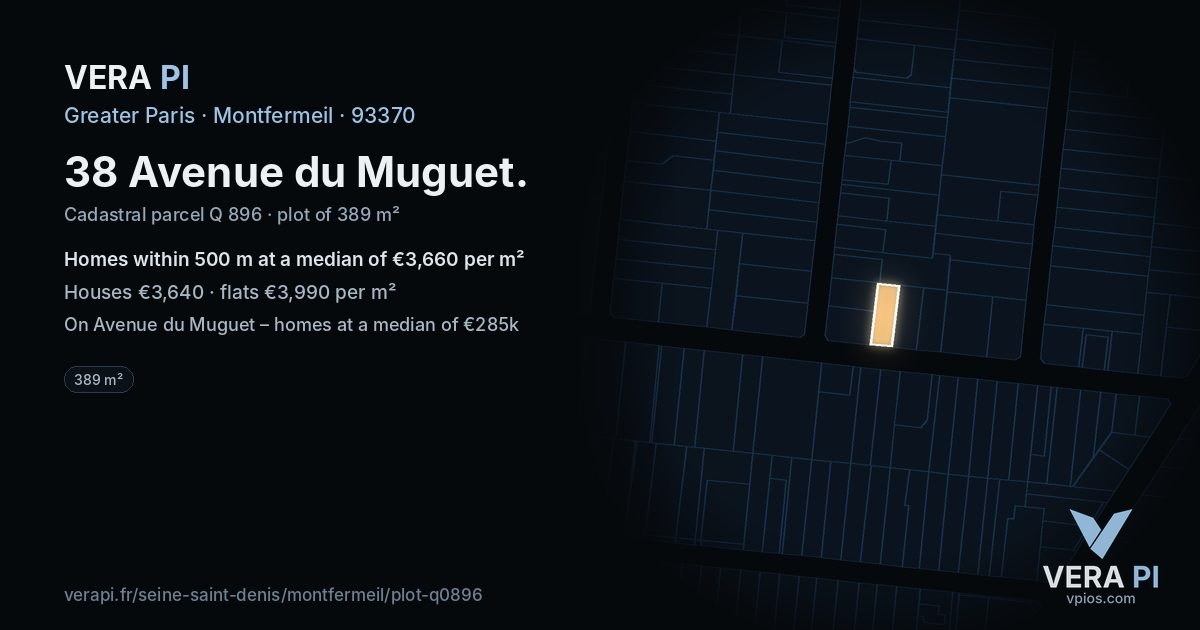 38 Avenue du Muguet, Montfermeil at night – the plot lit, the parcels around coloured by the prices near them