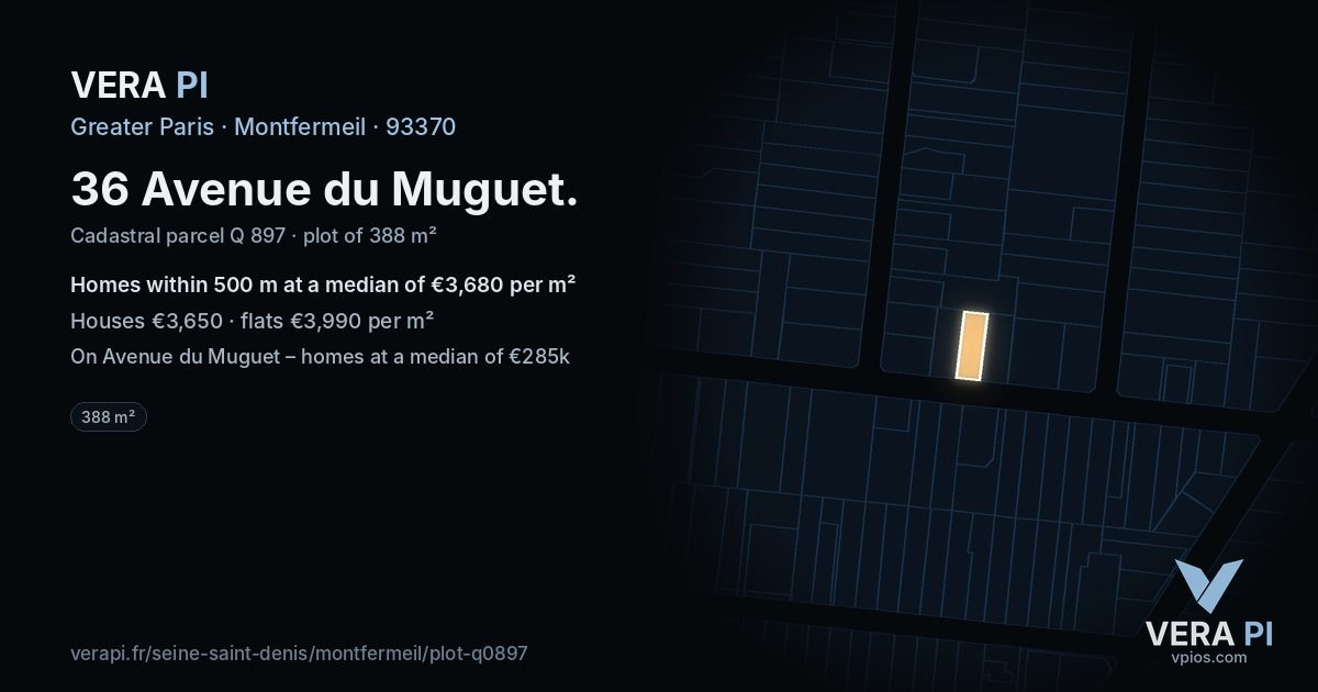 36 Avenue du Muguet, Montfermeil at night – the plot lit, the parcels around coloured by the prices near them