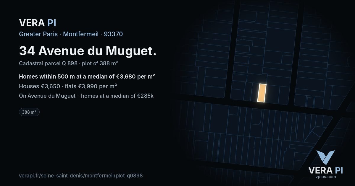 34 Avenue du Muguet, Montfermeil at night – the plot lit, the parcels around coloured by the prices near them