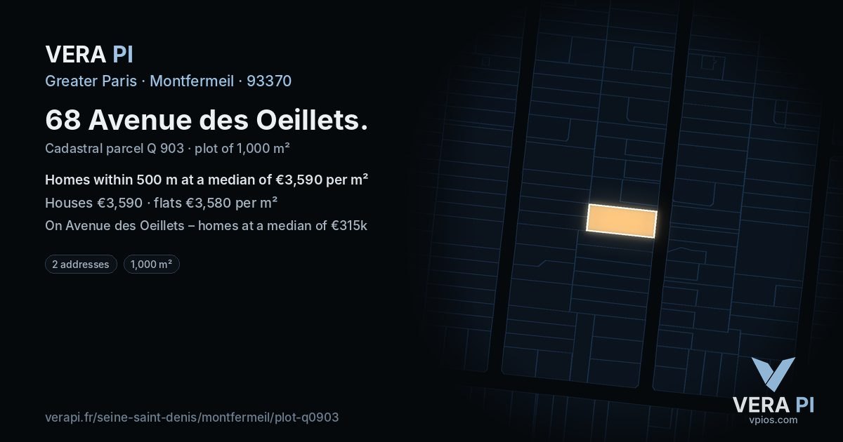 68 Avenue des Oeillets, Montfermeil at night – the plot lit, the parcels around coloured by the prices near them