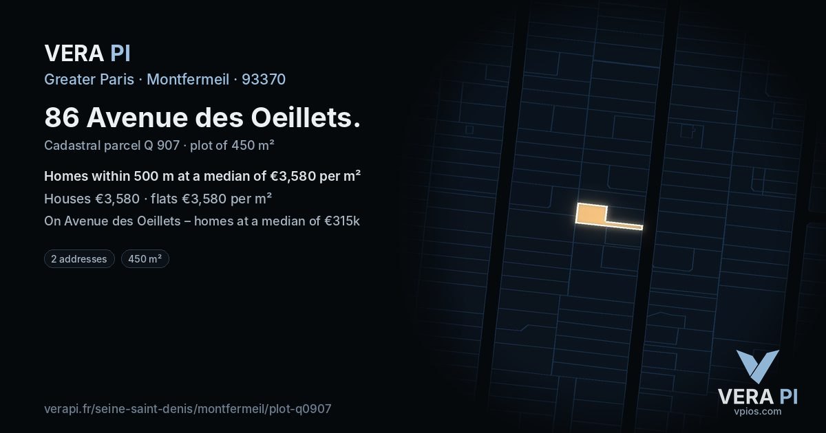 86 Avenue des Oeillets, Montfermeil at night – the plot lit, the parcels around coloured by the prices near them