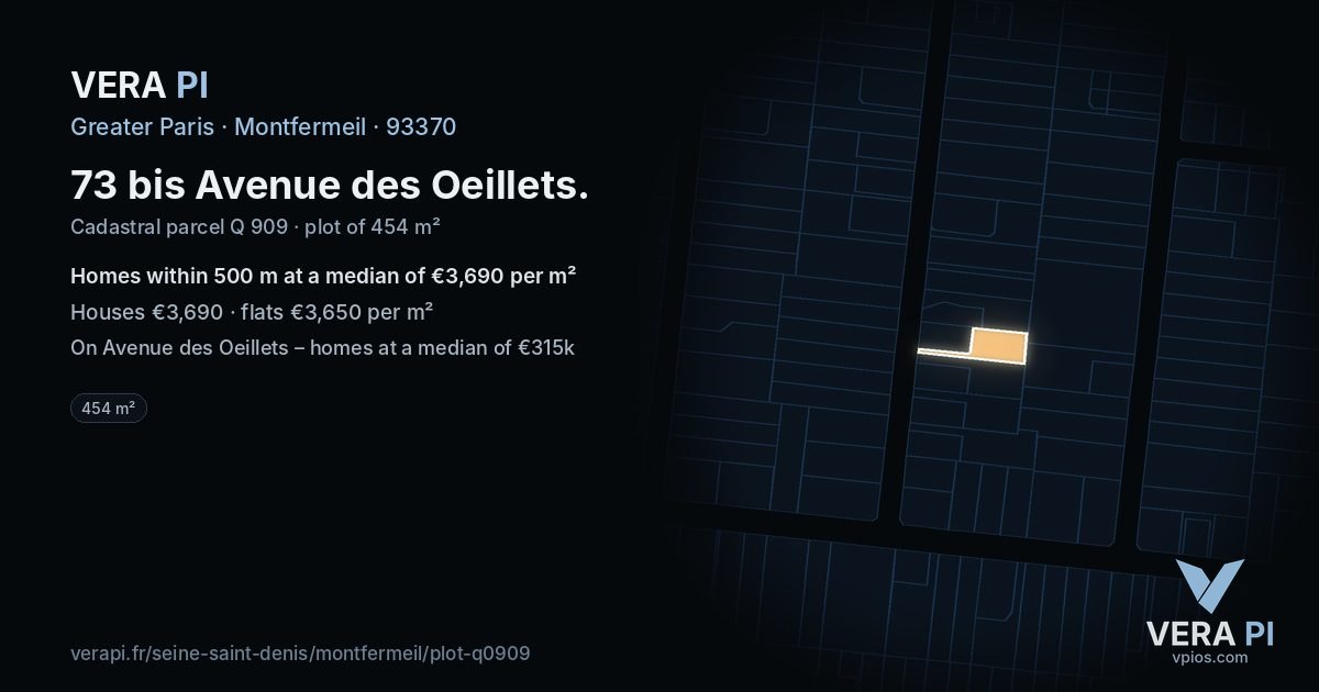 73 bis Avenue des Oeillets, Montfermeil at night – the plot lit, the parcels around coloured by the prices near them