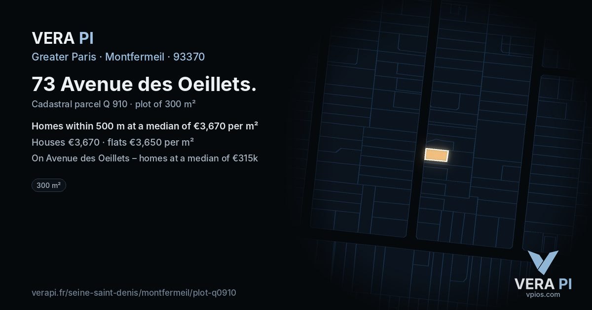 73 Avenue des Oeillets, Montfermeil at night – the plot lit, the parcels around coloured by the prices near them