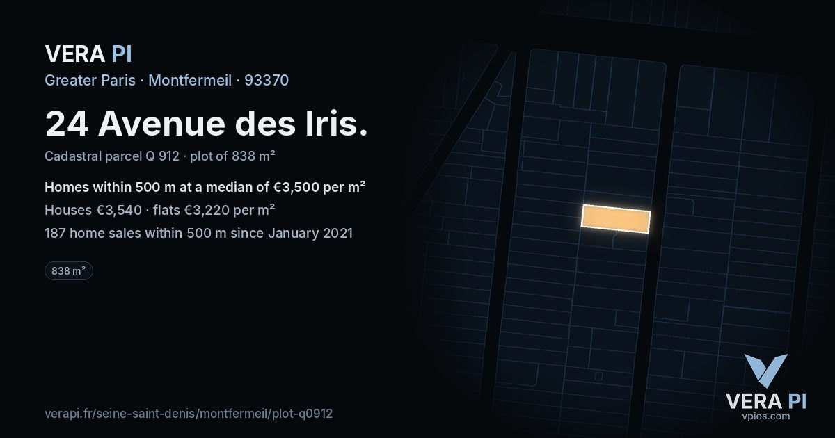 24 Avenue des Iris, Montfermeil at night – the plot lit, the parcels around coloured by the prices near them