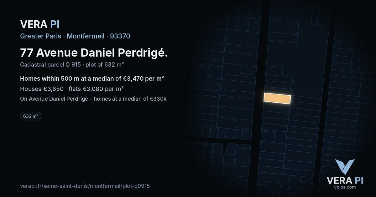 77 Avenue Daniel Perdrigé, Montfermeil at night – the plot lit, the parcels around coloured by the prices near them