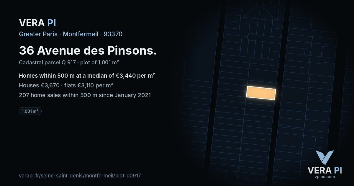 36 Avenue des Pinsons, Montfermeil at night – the plot lit, the parcels around coloured by the prices near them