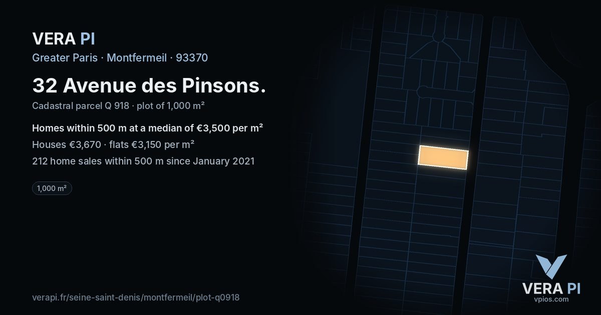 32 Avenue des Pinsons, Montfermeil at night – the plot lit, the parcels around coloured by the prices near them