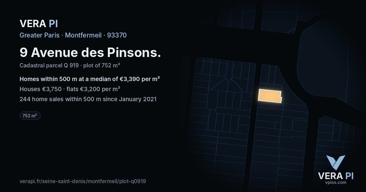 9 Avenue des Pinsons, Montfermeil at night – the plot lit, the parcels around coloured by the prices near them