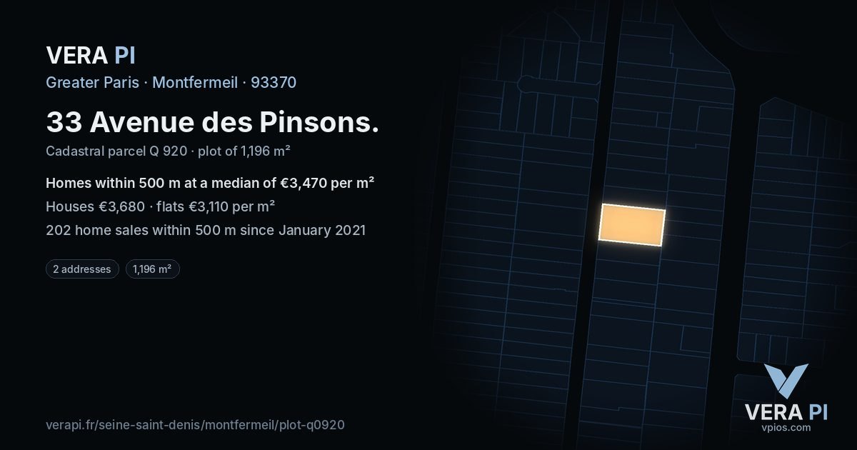 33 Avenue des Pinsons, Montfermeil at night – the plot lit, the parcels around coloured by the prices near them