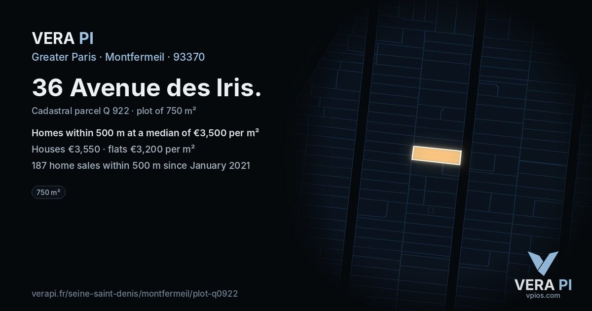 36 Avenue des Iris, Montfermeil at night – the plot lit, the parcels around coloured by the prices near them
