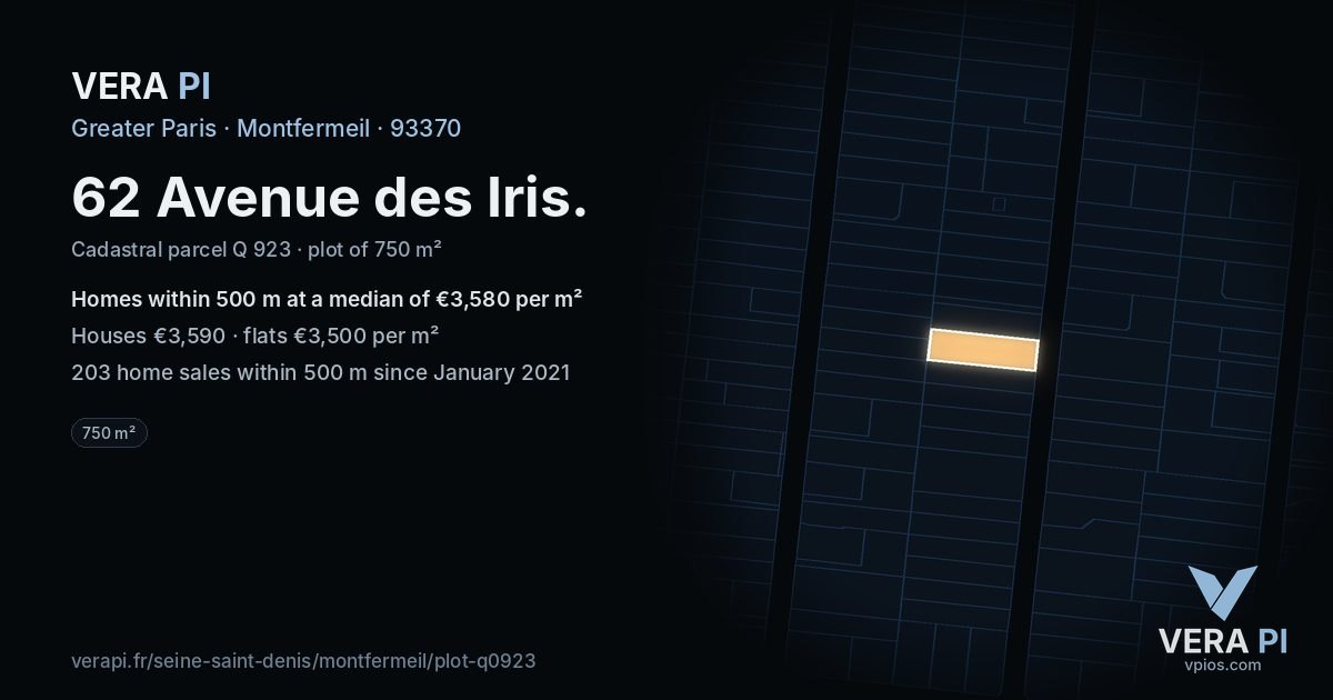 62 Avenue des Iris, Montfermeil at night – the plot lit, the parcels around coloured by the prices near them