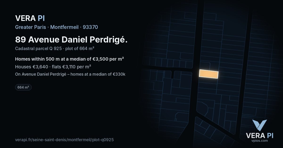 89 Avenue Daniel Perdrigé, Montfermeil at night – the plot lit, the parcels around coloured by the prices near them