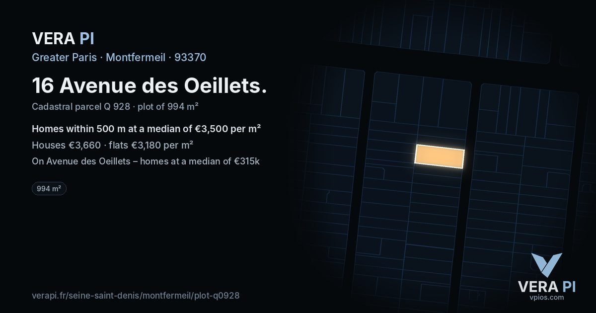 16 Avenue des Oeillets, Montfermeil at night – the plot lit, the parcels around coloured by the prices near them