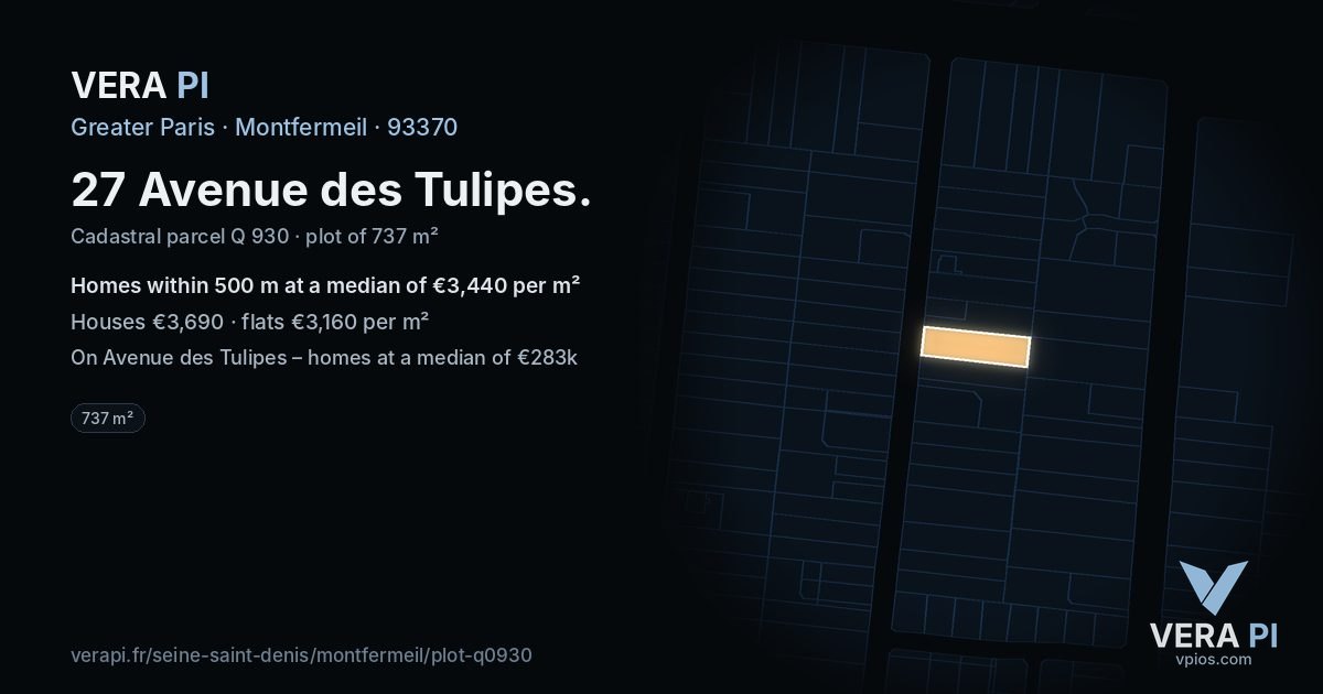 27 Avenue des Tulipes, Montfermeil at night – the plot lit, the parcels around coloured by the prices near them
