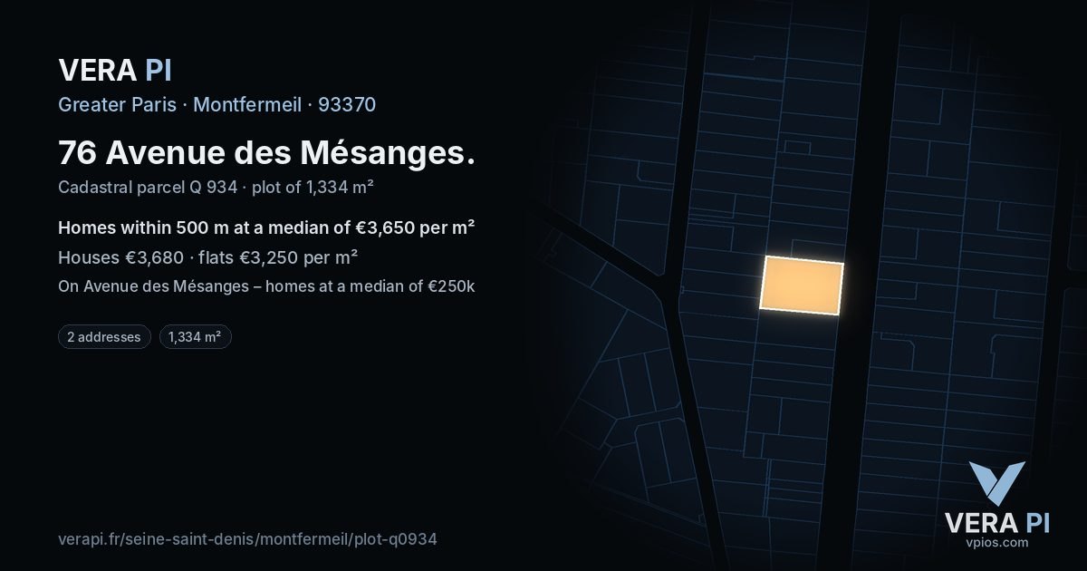 76 Avenue des Mésanges, Montfermeil at night – the plot lit, the parcels around coloured by the prices near them