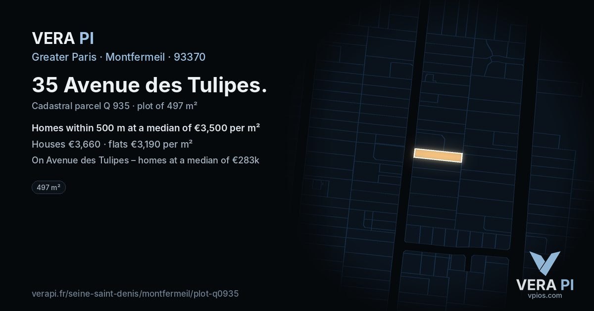 35 Avenue des Tulipes, Montfermeil at night – the plot lit, the parcels around coloured by the prices near them