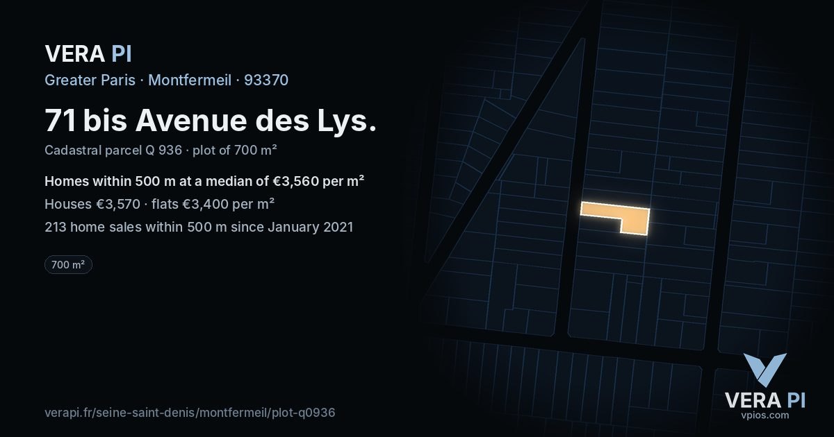 71 bis Avenue des Lys, Montfermeil at night – the plot lit, the parcels around coloured by the prices near them