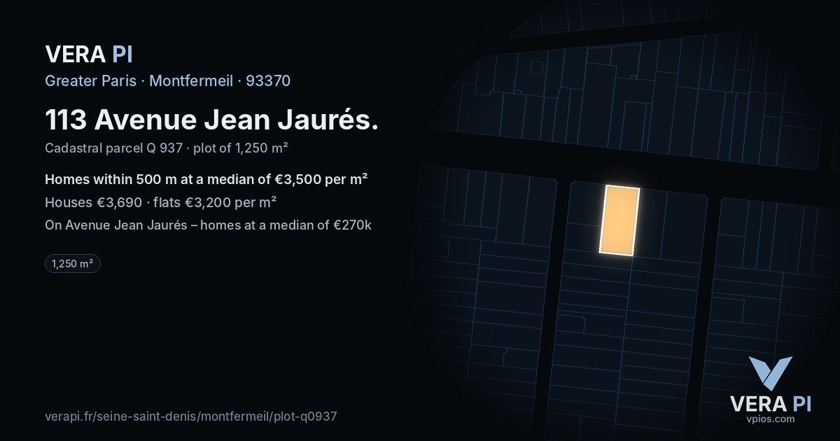 113 Avenue Jean Jaurés, Montfermeil at night – the plot lit, the parcels around coloured by the prices near them