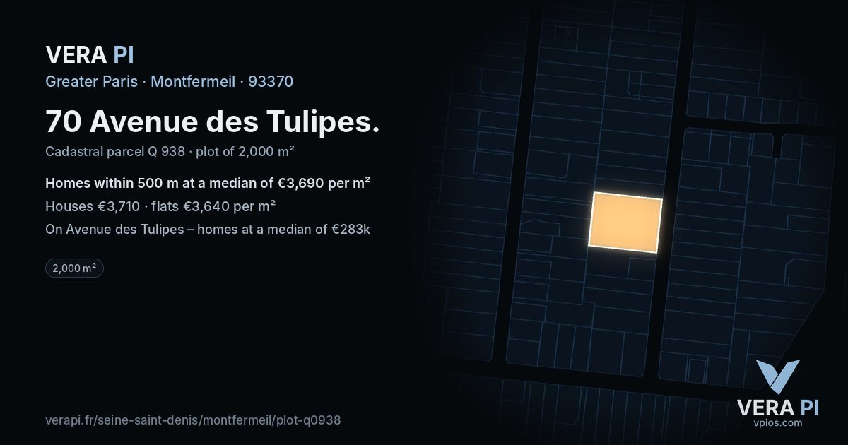 70 Avenue des Tulipes, Montfermeil at night – the plot lit, the parcels around coloured by the prices near them