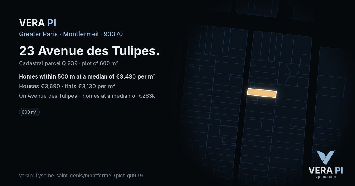 23 Avenue des Tulipes, Montfermeil at night – the plot lit, the parcels around coloured by the prices near them