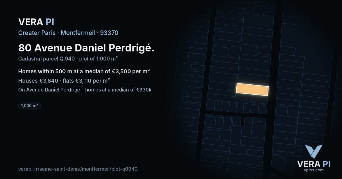 80 Avenue Daniel Perdrigé, Montfermeil at night – the plot lit, the parcels around coloured by the prices near them