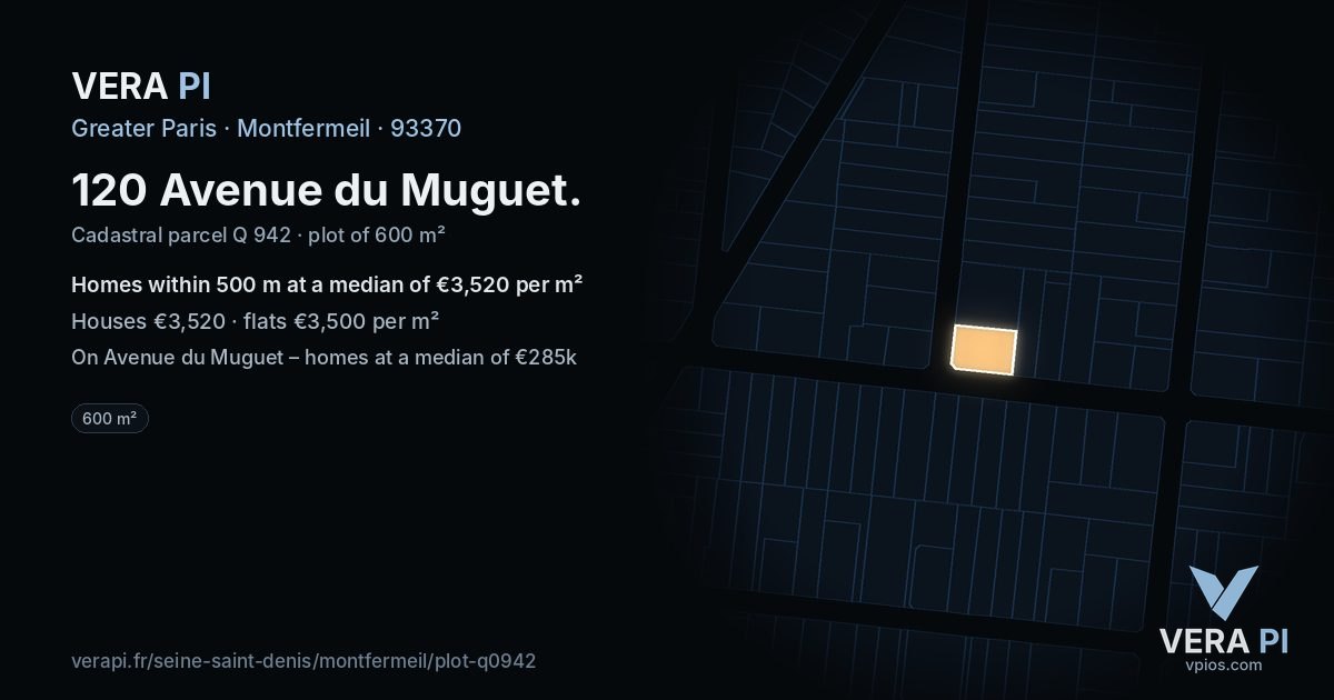 120 Avenue du Muguet, Montfermeil at night – the plot lit, the parcels around coloured by the prices near them