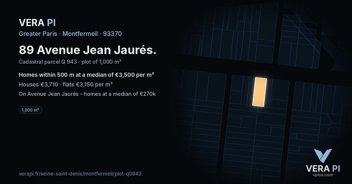89 Avenue Jean Jaurés, Montfermeil at night – the plot lit, the parcels around coloured by the prices near them