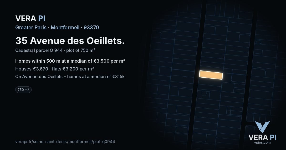 35 Avenue des Oeillets, Montfermeil at night – the plot lit, the parcels around coloured by the prices near them