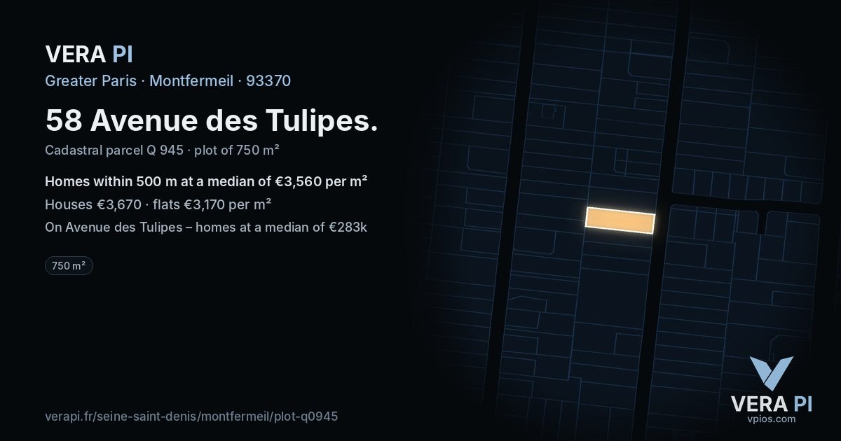 58 Avenue des Tulipes, Montfermeil at night – the plot lit, the parcels around coloured by the prices near them