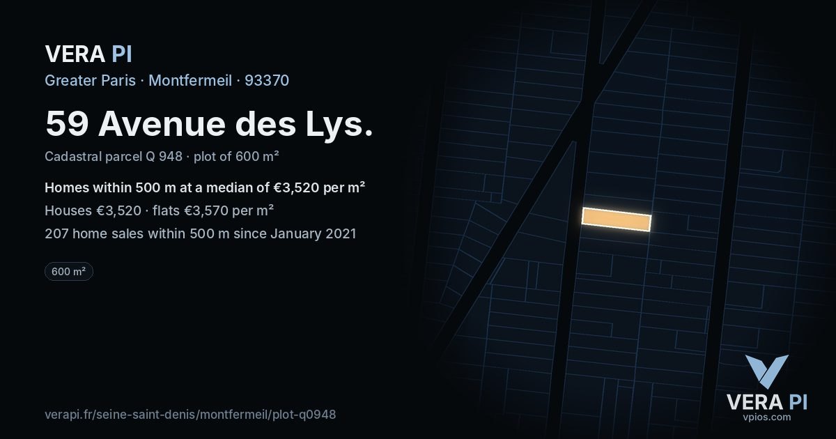 59 Avenue des Lys, Montfermeil at night – the plot lit, the parcels around coloured by the prices near them