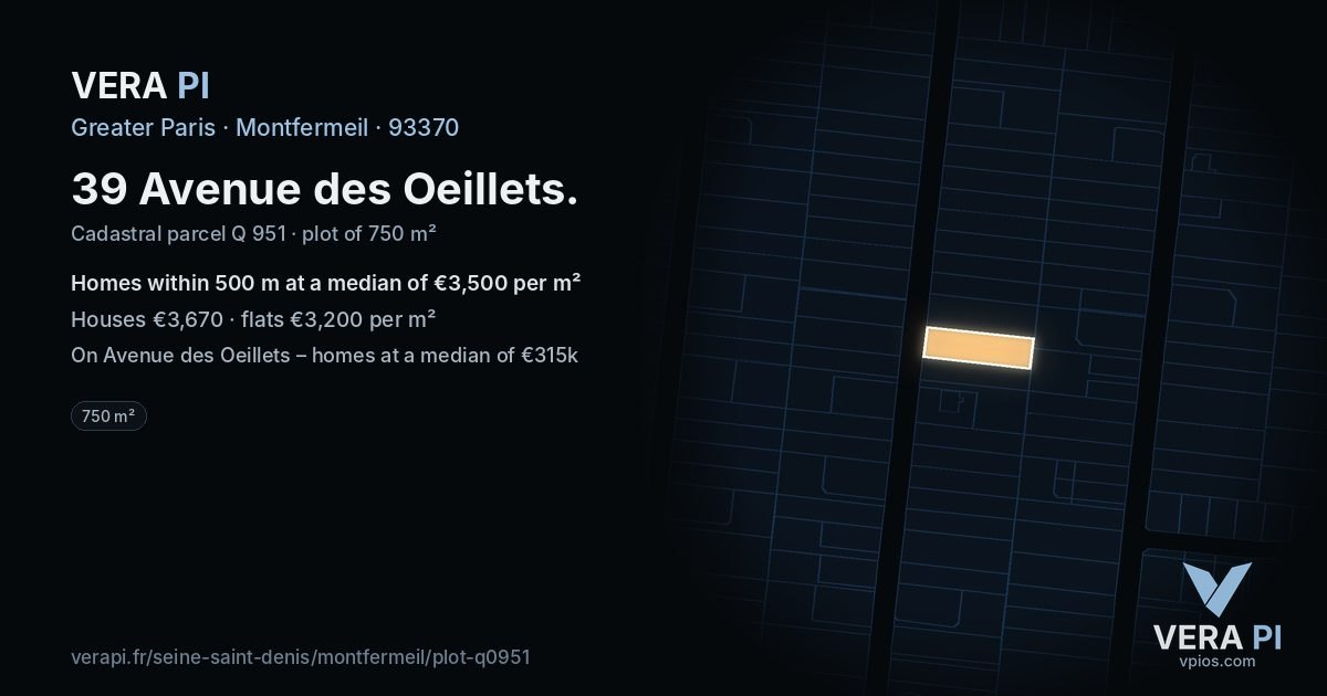 39 Avenue des Oeillets, Montfermeil at night – the plot lit, the parcels around coloured by the prices near them