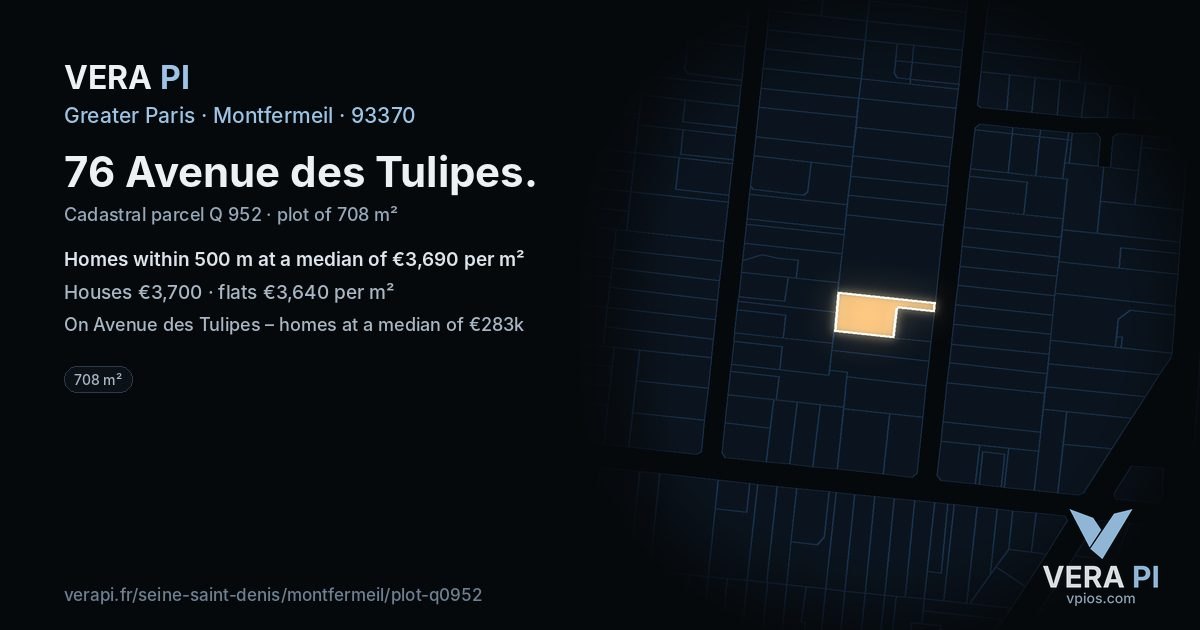 76 Avenue des Tulipes, Montfermeil at night – the plot lit, the parcels around coloured by the prices near them