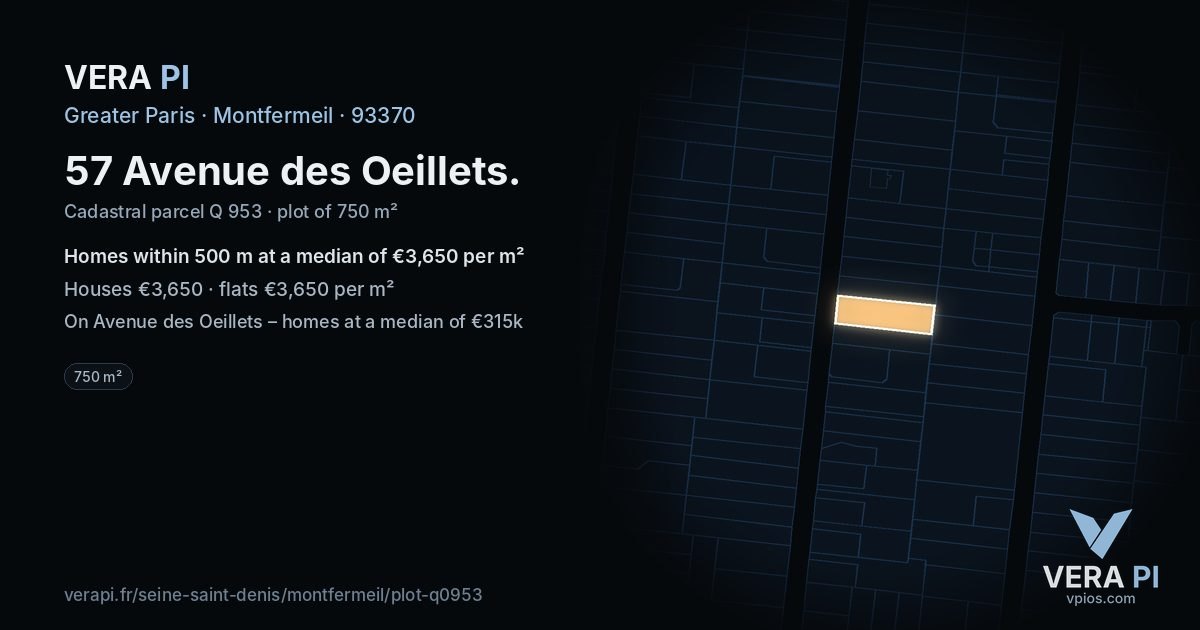 57 Avenue des Oeillets, Montfermeil at night – the plot lit, the parcels around coloured by the prices near them