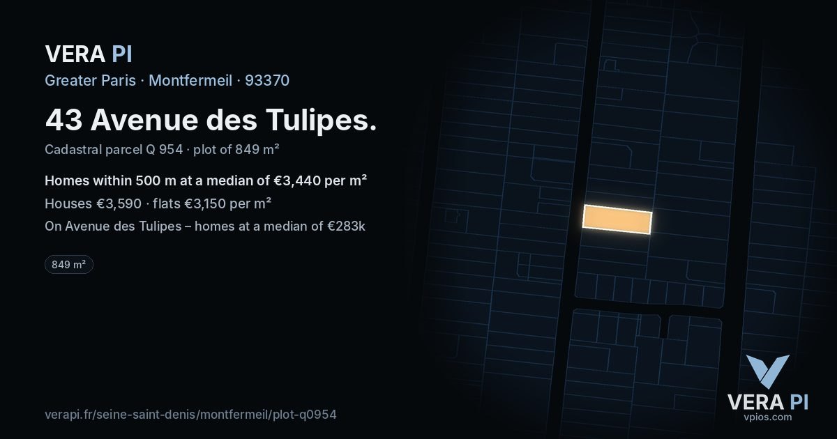 43 Avenue des Tulipes, Montfermeil at night – the plot lit, the parcels around coloured by the prices near them