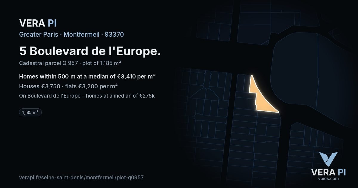 5 Boulevard de l'Europe, Montfermeil at night – the plot lit, the parcels around coloured by the prices near them