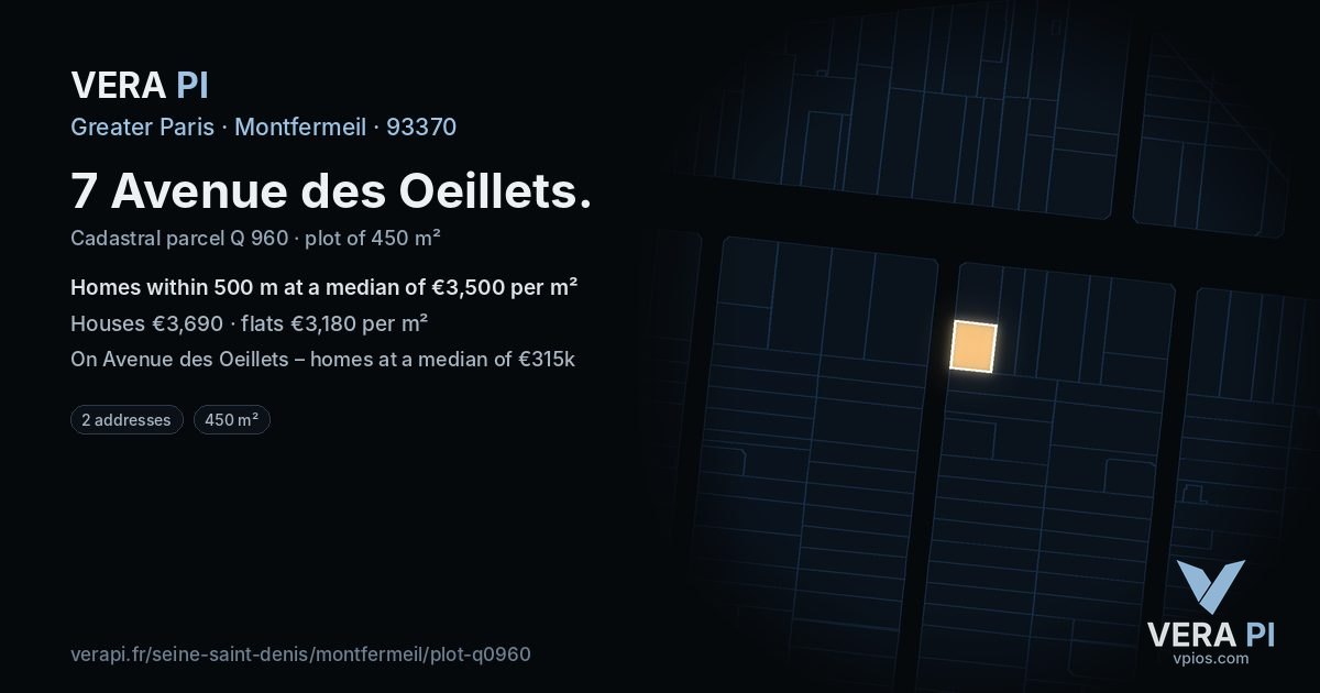 7 Avenue des Oeillets, Montfermeil at night – the plot lit, the parcels around coloured by the prices near them