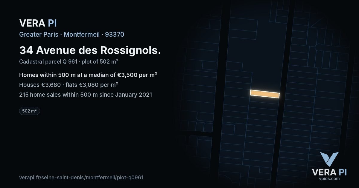 34 Avenue des Rossignols, Montfermeil at night – the plot lit, the parcels around coloured by the prices near them
